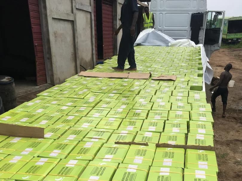 A consignment of Alliance welding electrodes being loaded for delivery at the Gomoa Fetteh factory