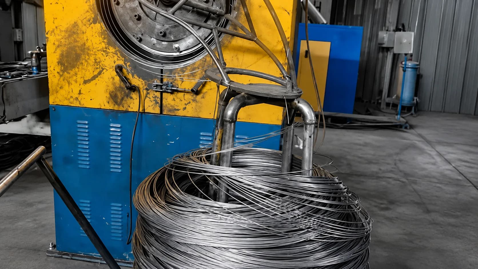 A coil of drawn steel wire at the drawing block on the factory floor