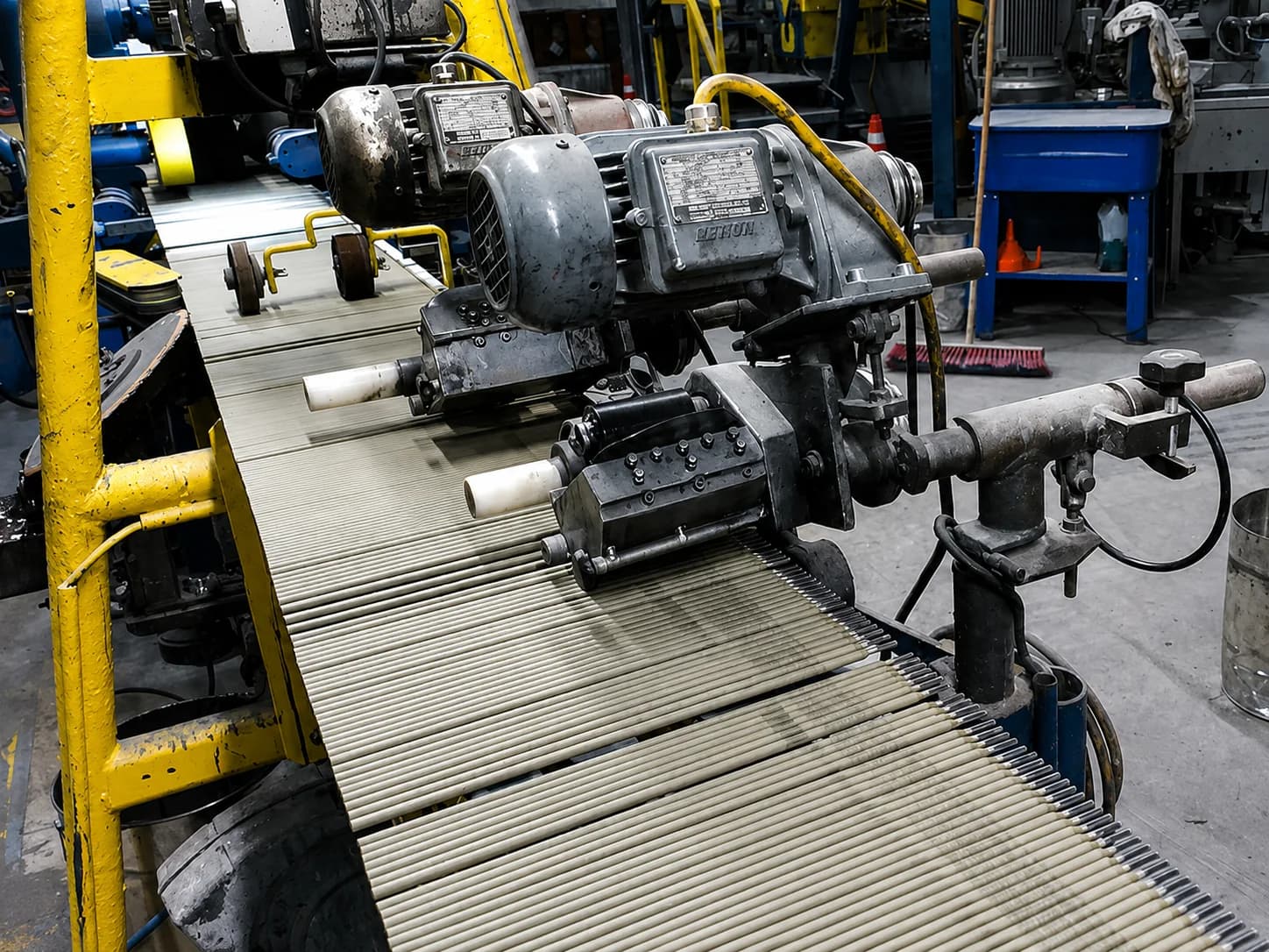Freshly coated electrodes leaving the extrusion press on the conveyor